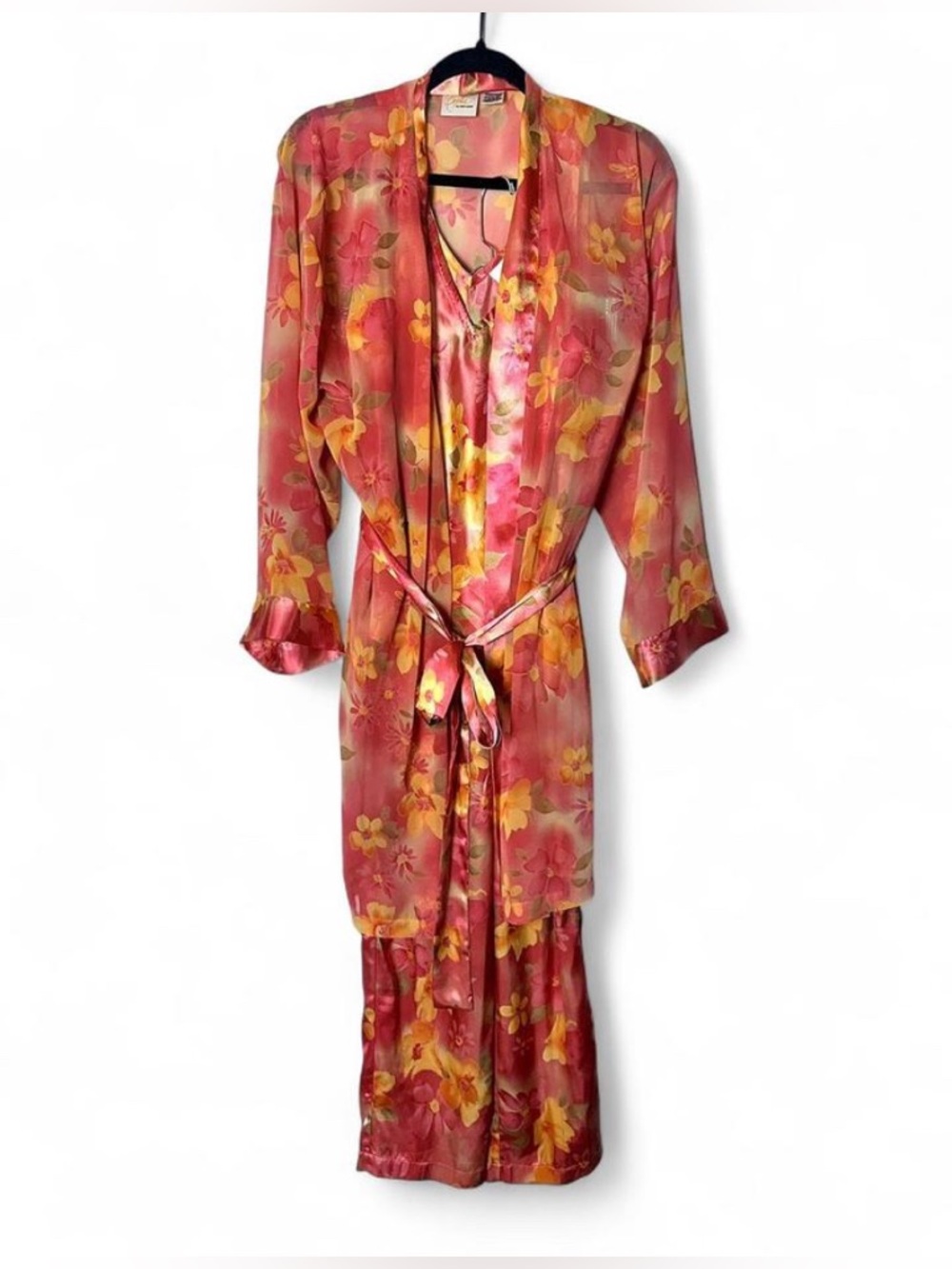 VTG Sophia by Delicates 3pc Chiffon Kimono Robe, Tank & Pants Set - M